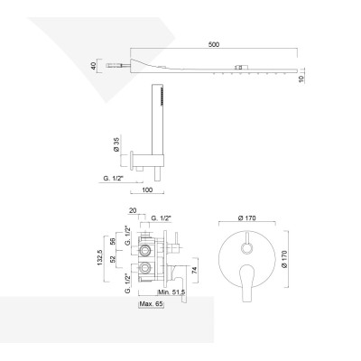 Built-in shower set with single lever diverter, duplex kit, rectangular rain waterfall shower head, EGO