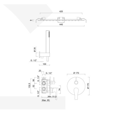 Set doccia incasso monocomando con deviatore, kit duplex, soffione incasso getto pioggia e laminare, EGO