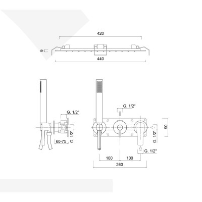 Built-in single-control shower set with diverter, duplex kit, built-in rain and laminar shower head, EGO