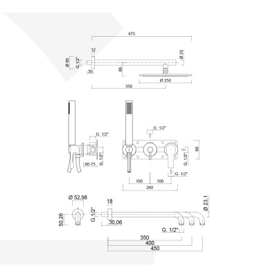 Set doccia incasso monocomando con deviatore, kit duplex, bocca parete, braccio con soffione inox, EGO