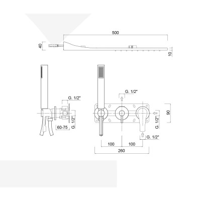 Set doccia incasso monocomando con deviatore, kit duplex, soffione pioggia e cascata, EGO