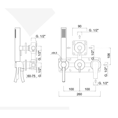 Monocomando doccia incasso con deviatore, kit duplex integrato, 3 uscite libere, EGO