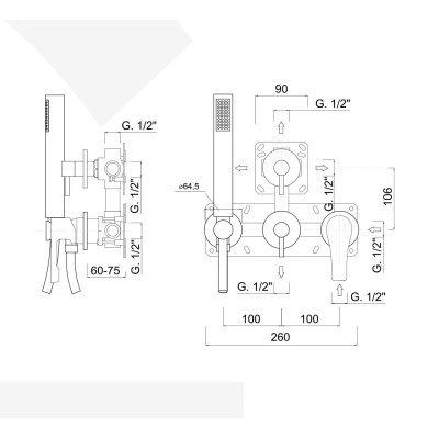 Monocomando doccia incasso con deviatore, kit duplex integrato, 4 uscite libere, EGO