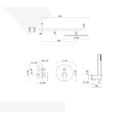Set doccia incasso monocomando con deviatore a pulsante, kit duplex, braccio con soffione Inox, Surf
