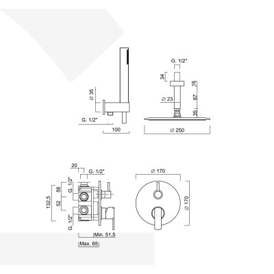Set doccia incasso monocomando con deviatore, kit duplex, braccio con soffione Inox, Surf