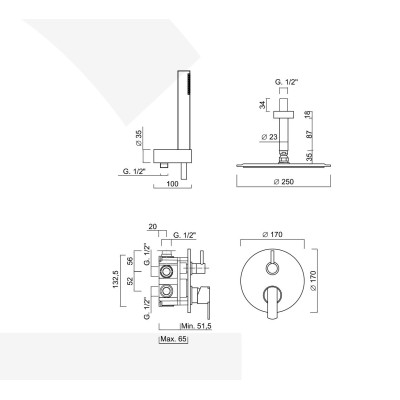 Built-in single-control shower set with diverter, duplex kit, arm with stainless steel ceiling shower head, Surf