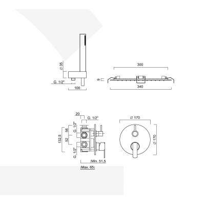 Set doccia incasso monocomando con deviatore, kit duplex, soffione Inox incasso, Surf
