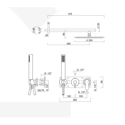 Built-in single-control shower set with diverter, duplex kit, wall arm, stainless steel shower head, Surf