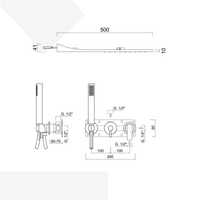 Set doccia incasso monocomando con deviatore, kit duplex, braccio parete, soffione rettangolare, Surf