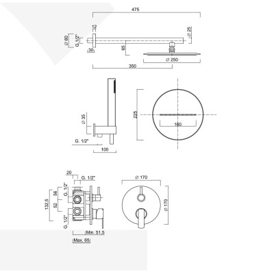 Set doccia incasso monocomando con deviatore, kit duplex, soffione Inox, bocca parete cascata, Surf