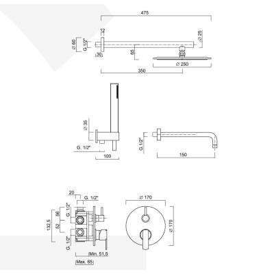 Set doccia incasso monocomando con deviatore, kit duplex, soffione Inox, bocca parete cascata, Surf