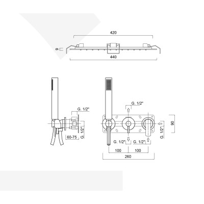 Set doccia incasso monocomando con deviatore, kit duplex, soffione incasso a molle pioggia laminare, Surf
