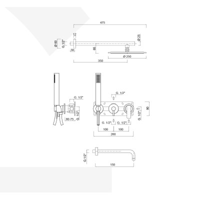 Set doccia incasso monocomando con deviatore, kit duplex, bocca parete, soffione inox, Surf