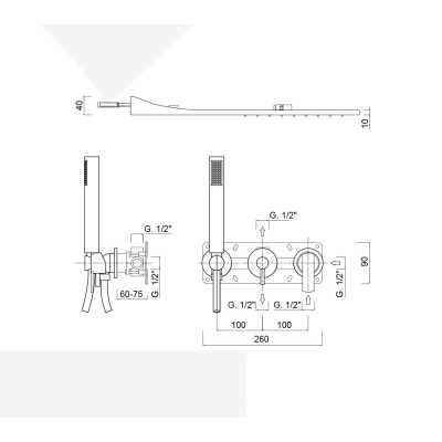 Set doccia incasso monocomando con deviatore, kit duplex, soffione rettangolare pioggia e cascata, Surf
