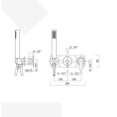Monocomando doccia incasso con deviatore, kit duplex integrato, 2 uscite libere, Surf
