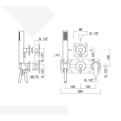 Monocomando doccia incasso con deviatore, kit duplex integrato, 3 uscite libere, Surf