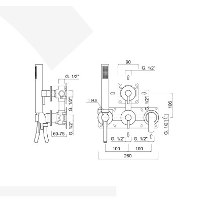 Built-in shower mixer with diverter, integrated duplex kit, 4 free outlets, Surf
