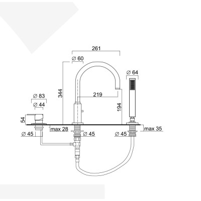 Monocomando bordo vasca 3 fori, bocca con deviatore, Surf