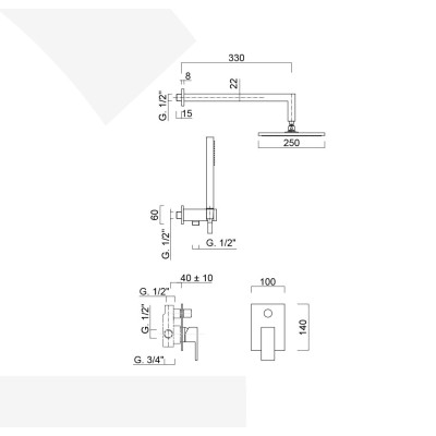 Set doccia incasso monocomando con deviatore, kit duplex, braccio con soffione quadrato, Pablolux