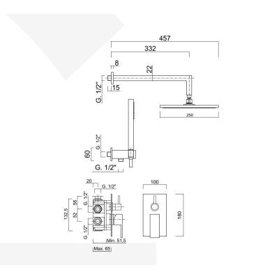Set doccia incasso monocomando con deviatore a rotazione, kit duplex, braccio con soffione quadrato, Pablolux