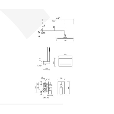 Set doccia incasso monocomando con deviatore, kit duplex, bocca parete cascata, braccio con soffione Inox, Pablolux