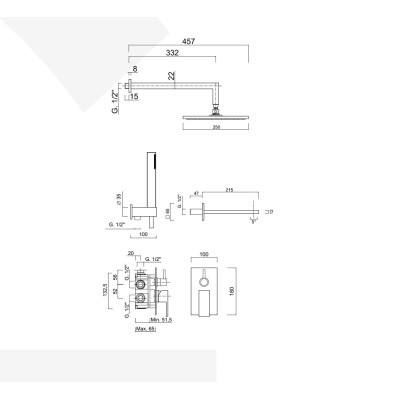 Set doccia incasso monocomando con deviatore, kit duplex, bocca parete, braccio con soffione Inox, Pablolux