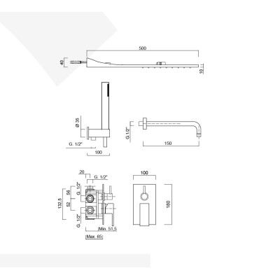Set doccia incasso monocomando con deviatore, kit duplex, soffione rettangolare con cascata, Pablolux