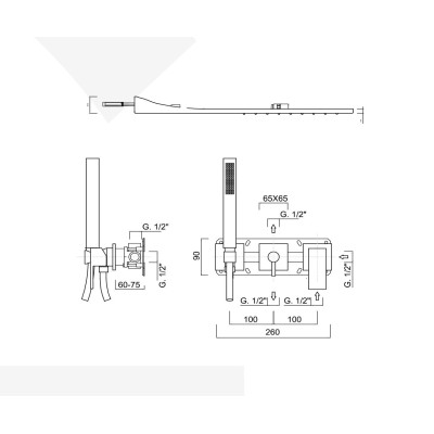 Set doccia incasso monocomando con deviatore, kit duplex, soffione rettangolare con cascata a parete, Pablolux