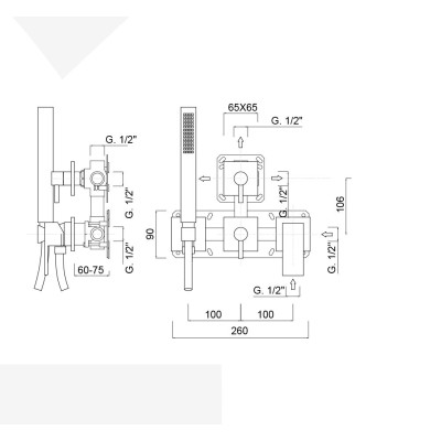 Monocomando doccia incasso con deviatore, kit duplex integrato, 3 uscite libere, Pablolux