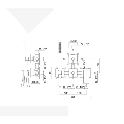 Monocomando doccia incasso con deviatore, kit duplex integrato, 4 uscite libere, Pablolux