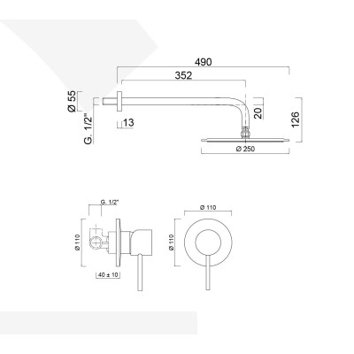 Built-in single-lever shower set, wall arm, stainless steel shower head d. 250, Futuro