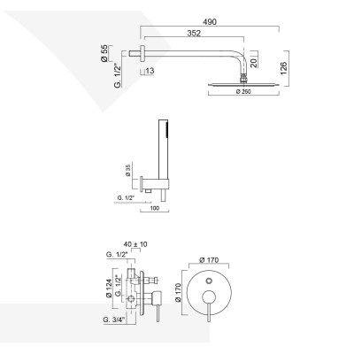 Set doccia incasso monocomando con deviatore a pulsante, kit duplex, braccio con soffione Inox, Futuro