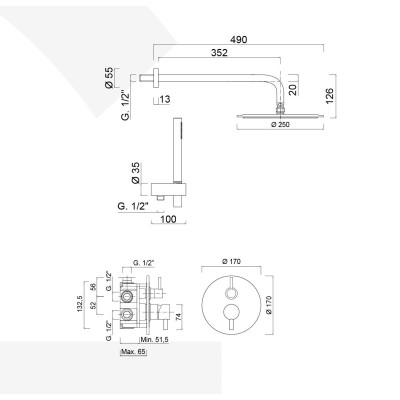 Built-in shower set single lever with rotary diverter, duplex kit, arm with stainless steel shower head, Futuro