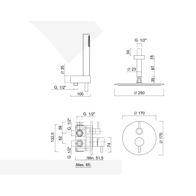 Built-in shower set single lever with diverter, duplex kit, ceiling arm, stainless steel shower head, Futuro