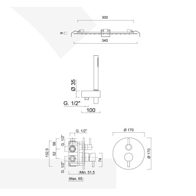 Set doccia incasso monocomando con deviatore, kit duplex, soffione Inox incasso d. 340, Futuro