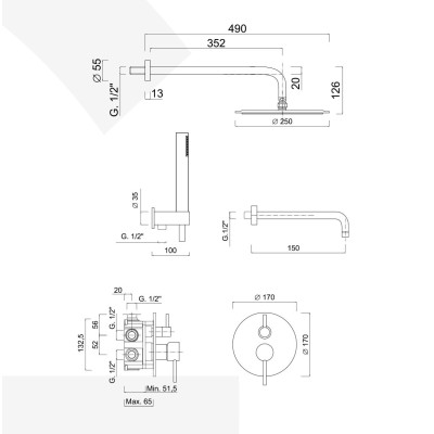 Built-in single-lever shower set with diverter, duplex kit, wall spout, wall arm, stainless steel shower head, Futuro