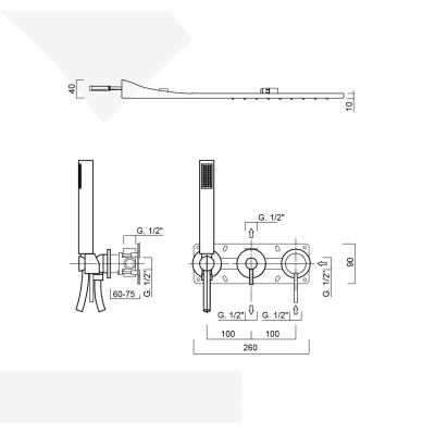 Set doccia incasso monocomando con deviatore, kit duplex, soffione parete pioggia e cascata, Futuro
