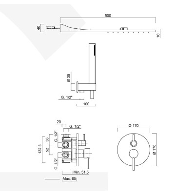 Set doccia incasso monocomando 3 uscite, soffione parete pioggia e cascata, kit duplex. Futuro