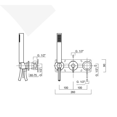 Built-in shower mixer with diverter, integrated duplex kit, 1 free outlet, Futuro