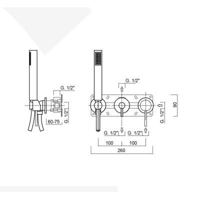 Monocomando doccia incasso con deviatore, kit duplex integrato, 2 uscite libere, Futuro