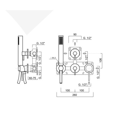 Built-in shower mixer with diverter, integrated duplex kit, 3 free outlets, Futuro