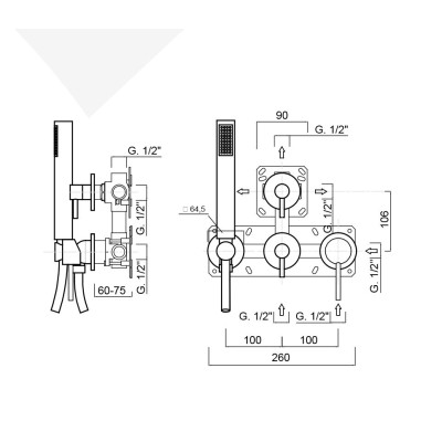 Monocomando doccia incasso con deviatore, kit duplex integrato, 4 uscite libere, Futuro