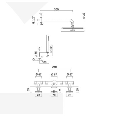 Built-in shower set with rotary diverter, duplex kit, stainless steel shower head with shower arm, G3