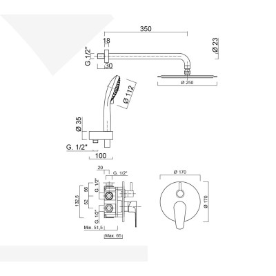 Set doccia incasso monocomando con deviatore a rotazione, kit duplex, braccio con soffione Inox d. 250, Linea
