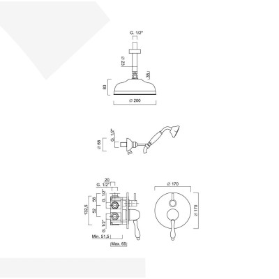 Set doccia incasso, monocomando con deviatore a rotazione, kit duplex, soffione a soffitto D. 200, Praga Mix