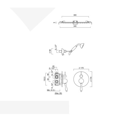 Built-in shower set, single-lever with rotary diverter, duplex kit, built-in spring shower head, diameter 340 mm, Praga Mix