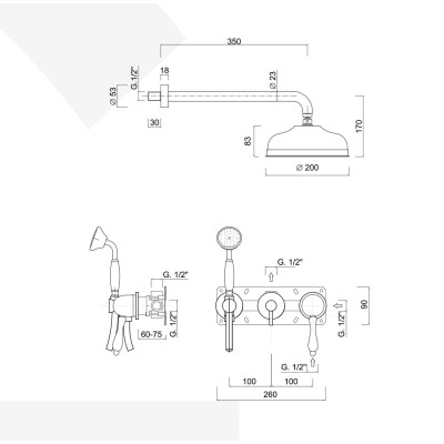 Single-lever built-in shower set with diverter, duplex kit, arm with brass shower head d. 200, Praga Mix