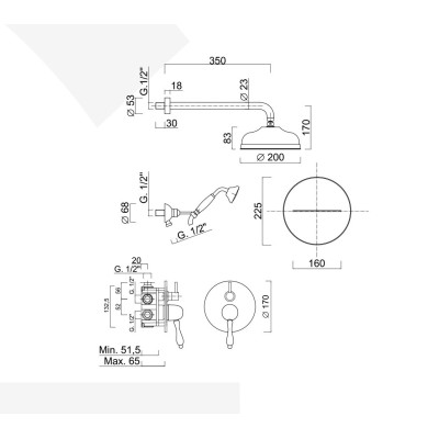 Set doccia incasso, monocomando con deviatore, kit duplex, bocca parete cascata, braccio con soffione ottone, Praga Mix