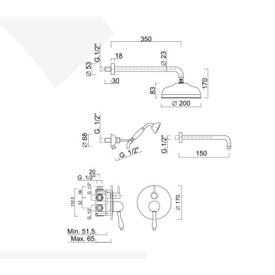 Built-in shower set, single-lever with diverter, duplex kit, wall-mounted spout, arm with brass shower head, Praga Mix
