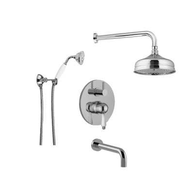 Built-in shower set, single-lever with diverter, duplex kit, wall-mounted spout, arm with brass shower head, Praga Mix
